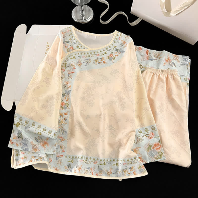 Vintage Hanfu-inspiriertes Blumenpyjama-Set - Aprikose - XL - image 0