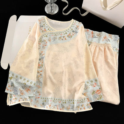 Vintage Hanfu-inspiriertes Blumenpyjama-Set - Aprikose - XL - image 0
