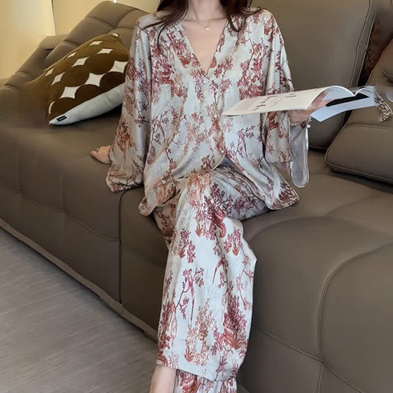 Pyjama-Set mit botanischem Vintage-Print - Grau - XL - image 0