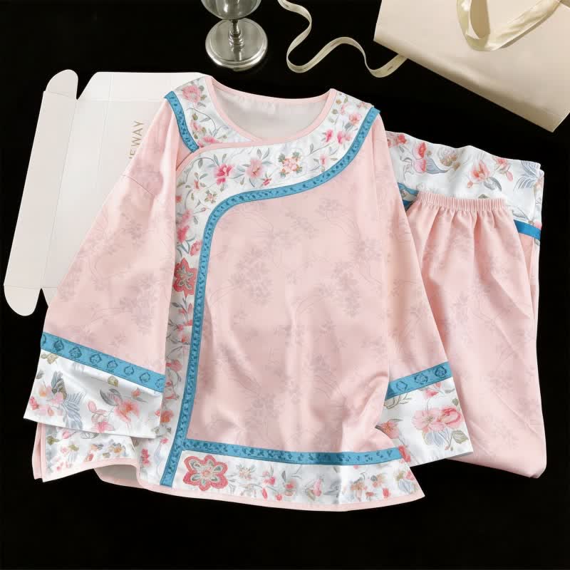 Retro Hanfu-inspiriertes Blumenpyjama-Set - Rosa - XL - image 2