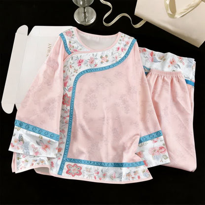Retro Hanfu-inspiriertes Blumenpyjama-Set - Rosa - XL - image 2