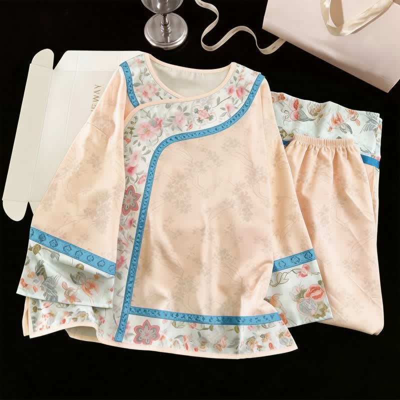 Retro Hanfu-inspiriertes Blumenpyjama-Set - Aprikose - XL - image 0