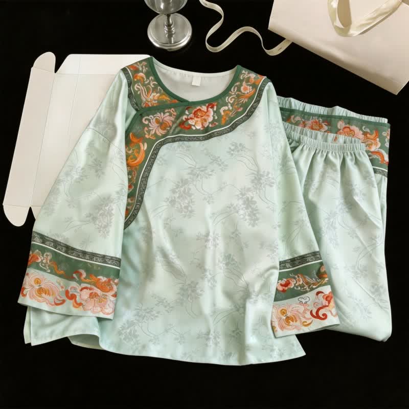 Hellgrünes Vintage-Pyjama-Set mit Blumenmuster - Grün - XL - image 0