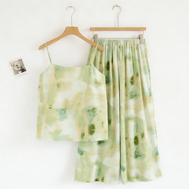 Nachtwäsche-Set mit künstlerischem grünem Tintendruck: Camisole und Hose - Grün - XXL - image 0