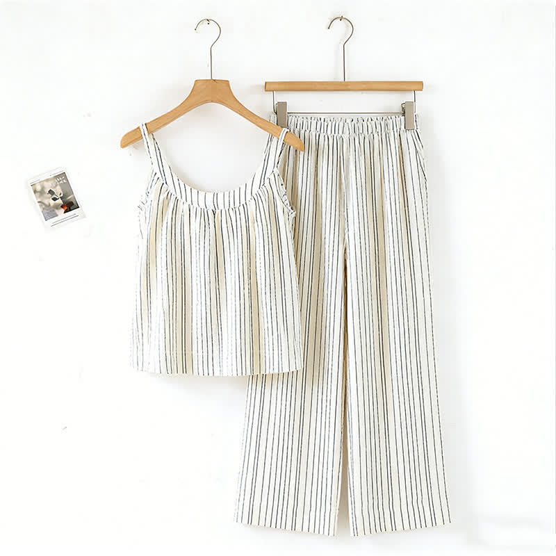 Minimalistisches gestreiftes ärmelloses Baumwoll-Pyjama-Set - Beige - XL - image 10