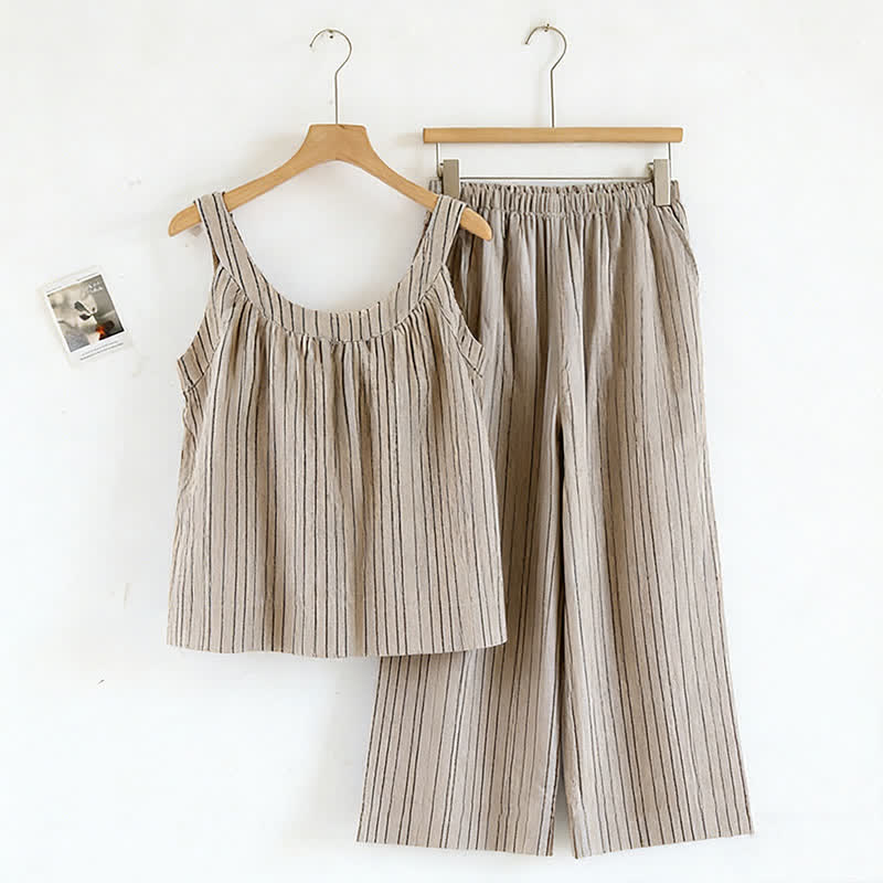 Minimalistisches gestreiftes ärmelloses Baumwoll-Pyjama-Set - Braun - XL - image 6