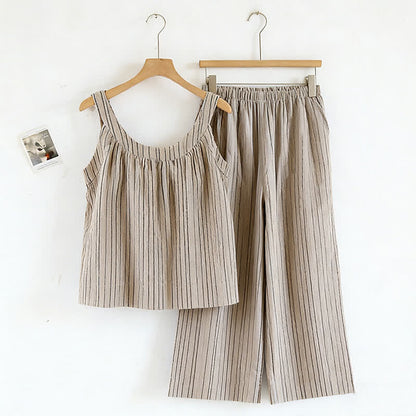 Minimalistisches gestreiftes ärmelloses Baumwoll-Pyjama-Set - Braun - XL - image 6