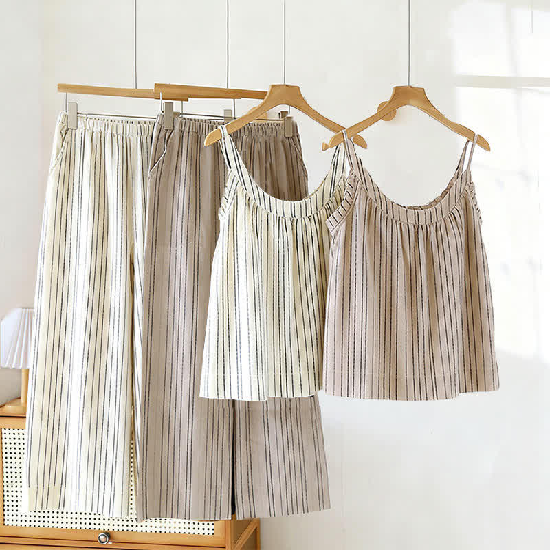 Minimalistisches gestreiftes ärmelloses Baumwoll-Pyjama-Set - image 0
