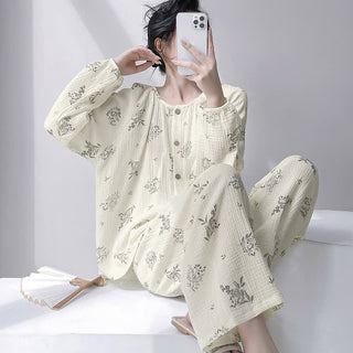 Loungewear-Set aus doppellagiger Baumwolle mit Blattmuster - Beige - XXL - image 0