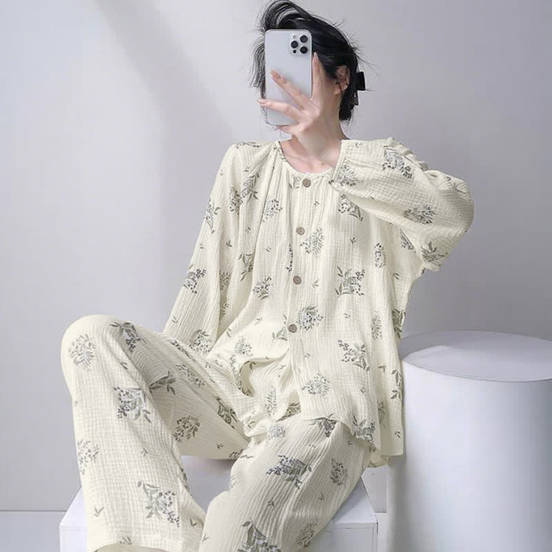 Loungewear-Set aus doppellagiger Baumwolle mit Blattmuster - image 2