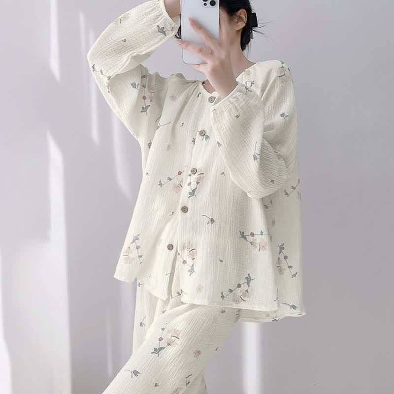 Rustikaler Pyjama aus doppellagigem Baumwollgewebe mit Blumenmuster - image 2