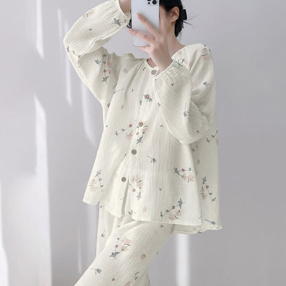 Rustikaler Pyjama aus doppellagigem Baumwollgewebe mit Blumenmuster - image 2