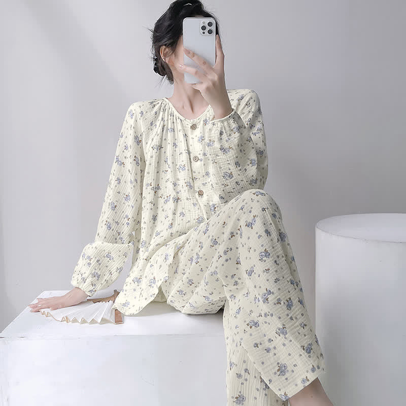 Grauer Pyjama aus doppellagigem Baumwollgewebe mit zartem Blumenmuster - Beige - XXL - image 0