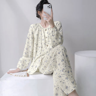 Grauer Pyjama aus doppellagigem Baumwollgewebe mit zartem Blumenmuster - Beige - XXL - image 0