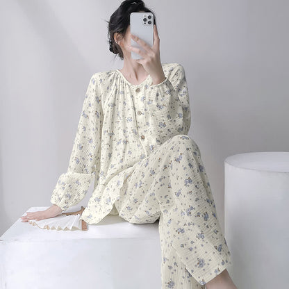 Grauer Pyjama aus doppellagigem Baumwollgewebe mit zartem Blumenmuster - Beige - XXL - image 0