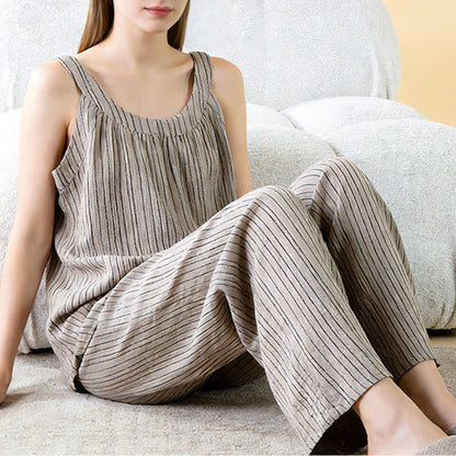 Minimalistisches gestreiftes ärmelloses Baumwoll-Pyjama-Set - image 8