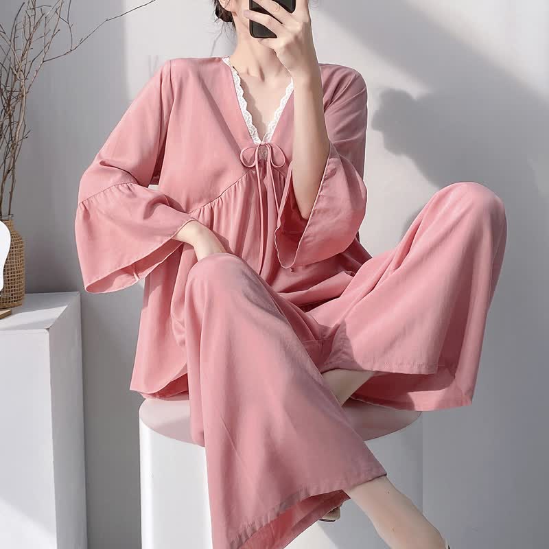 Pyjama-Set mit V-Ausschnitt und Spitzenbesatz - Rosa - XXL - image 16