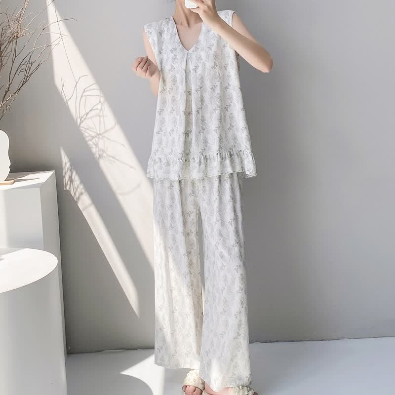Elegantes Pyjama-Set mit Blättermuster: Tanktop und Hose - image 1