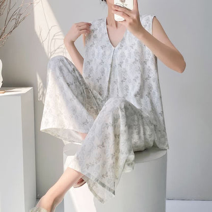 Elegantes Pyjama-Set mit Blättermuster: Tanktop und Hose - Grün - XXL - image 0