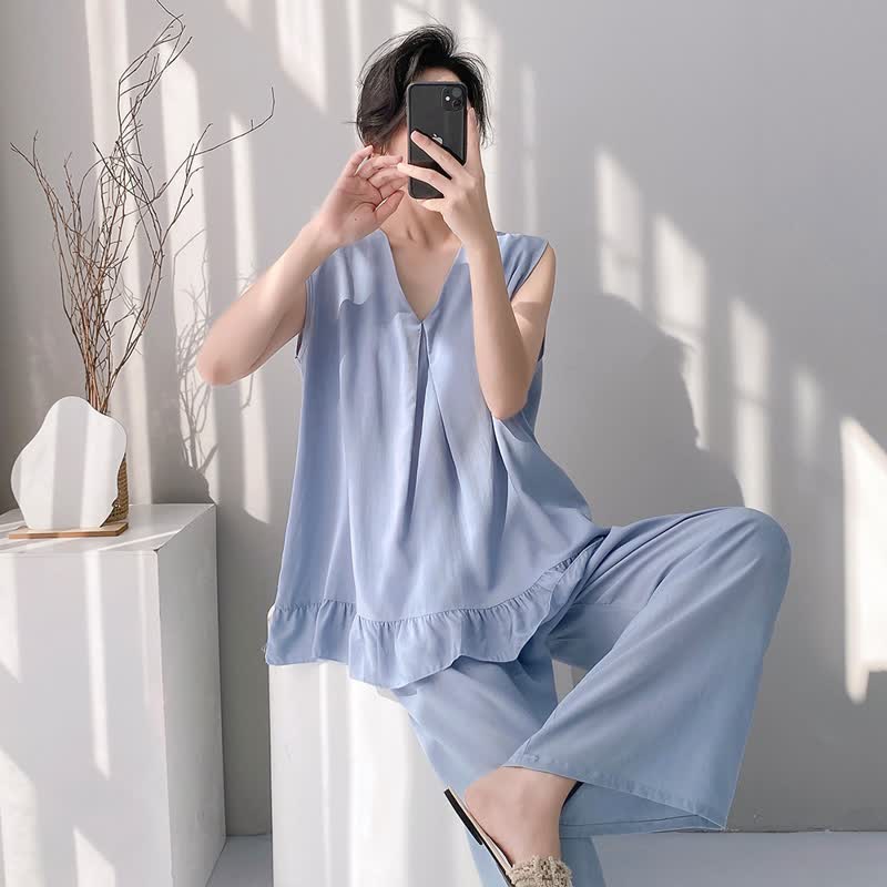 Pyjama-Set aus Tanktop und Hose in Unifarbe - Blau - XXL - image 7