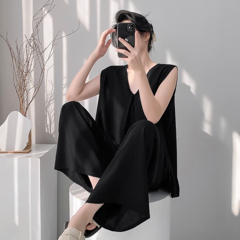 Pyjama-Set aus Tanktop und Hose in Unifarbe - Schwarz - XXL - image 13