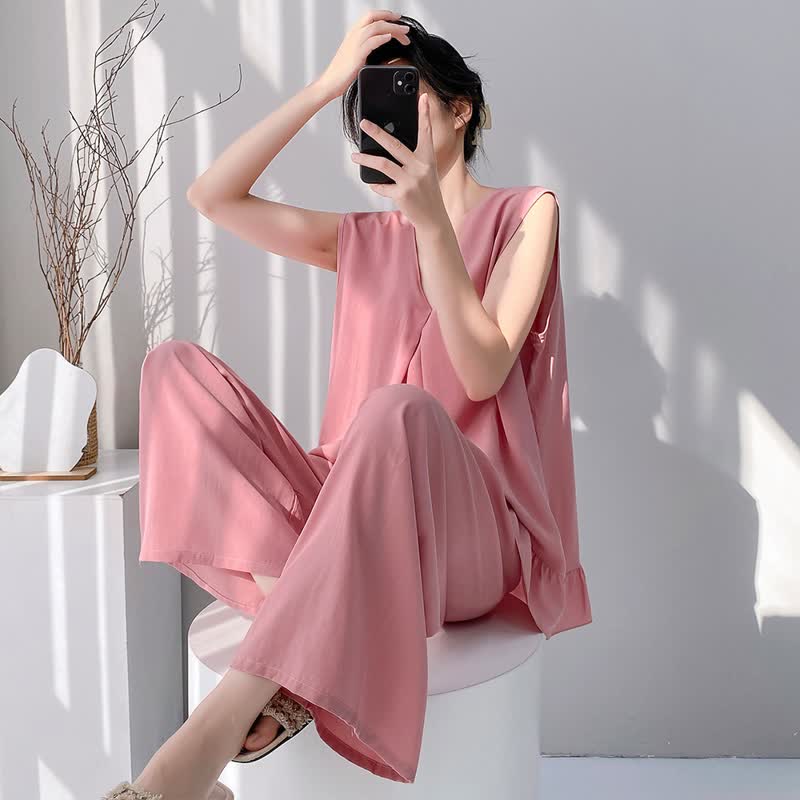 Pyjama-Set aus Tanktop und Hose in Unifarbe - Rosa - XXL - image 4