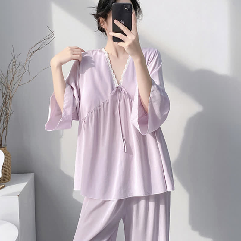 Pyjama-Set mit V-Ausschnitt und Spitzenbesatz - image 3