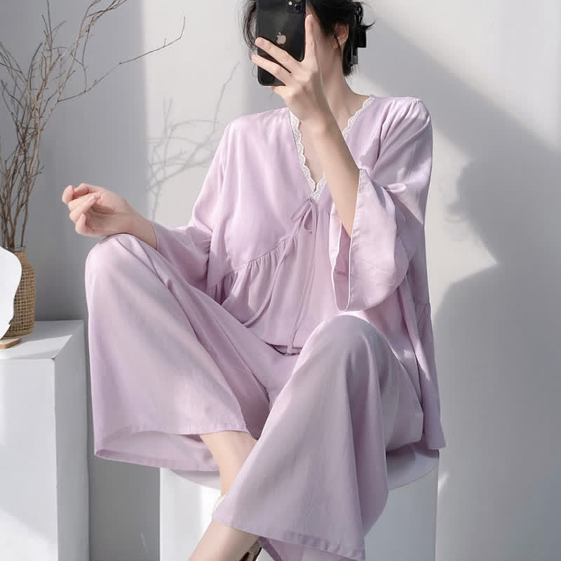 Pyjama-Set mit V-Ausschnitt und Spitzenbesatz - image 2