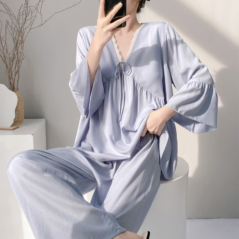 Pyjama-Set mit V-Ausschnitt und Spitzenbesatz - image 8