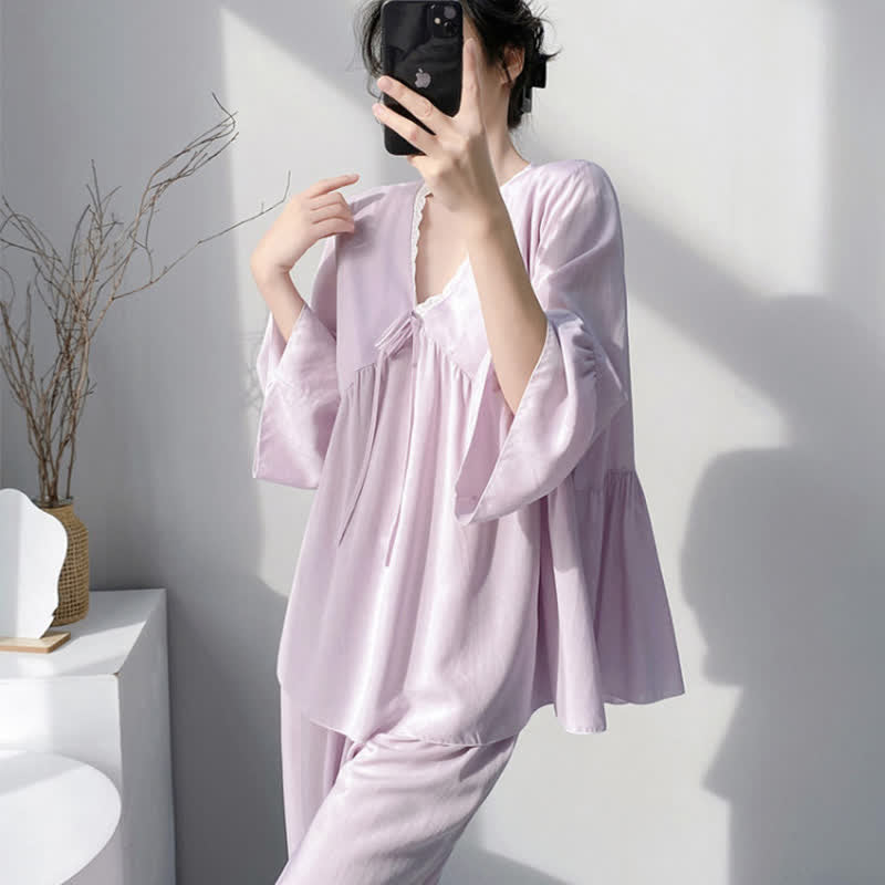 Pyjama-Set mit V-Ausschnitt und Spitzenbesatz - image 4