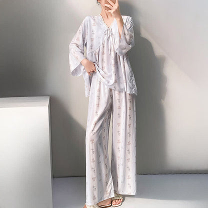 Pyjama-Set mit Blumenmuster und Schleife, V-Ausschnitt und Spitzenbesatz - image 2