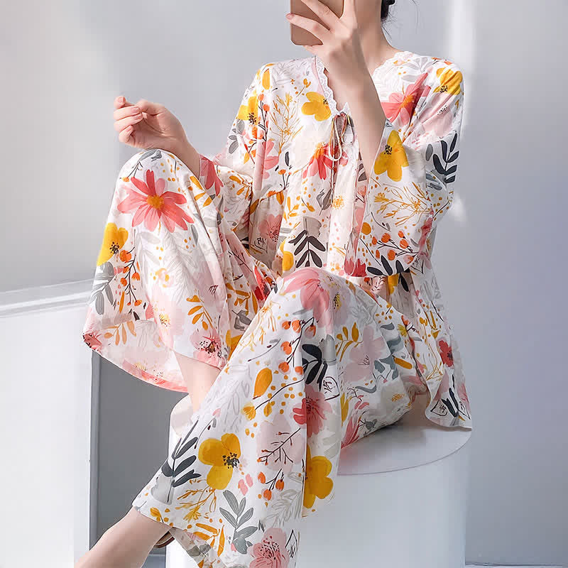 Pyjama-Set mit Blumen- und Blätterspitzenbesatz - image 2