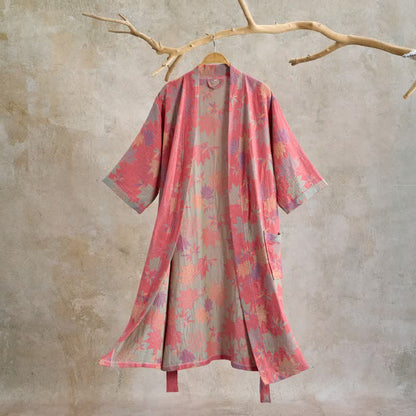 Kimono-Bademantel aus doppellagigem Baumwollgewebe mit Ahornblattmuster - Rosa - XL - image 0