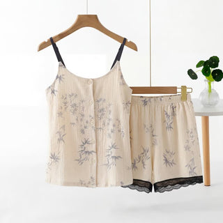 Elegantes ärmelloses Pyjama-Set mit Blattmotiv - Beige - XXL - image 0