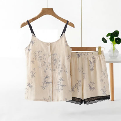 Elegantes ärmelloses Pyjama-Set mit Blattmotiv - Beige - XXL - image 0