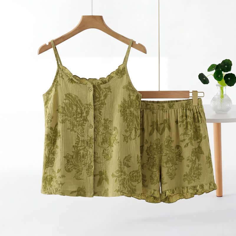 Vintage-Pyjama-Set mit grünem Blattmuster, ärmellos - Grün - XXL - image 0