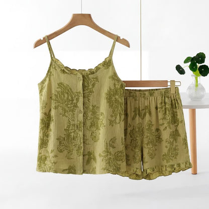 Vintage-Pyjama-Set mit grünem Blattmuster, ärmellos - Grün - XXL - image 0