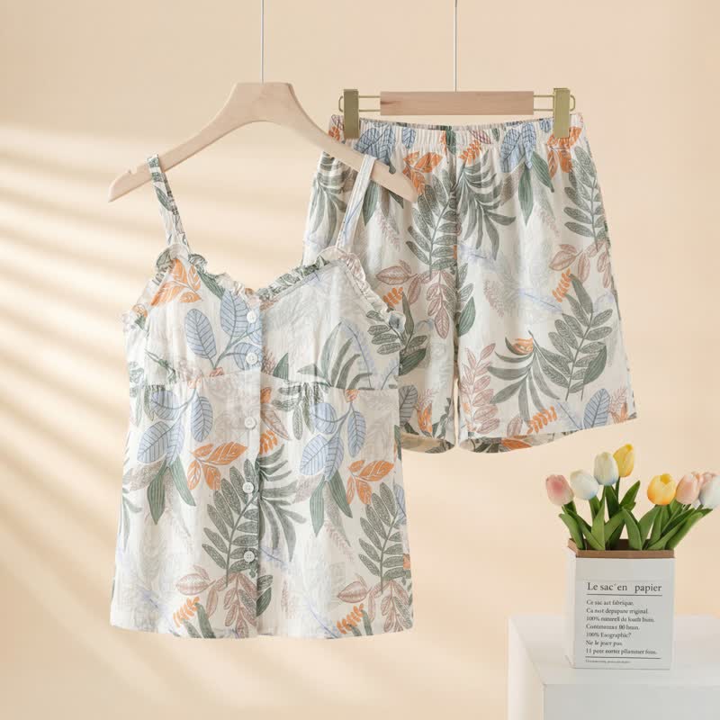 Ärmelloses Pyjama-Set mit botanischem Blattmotiv - Beige - XXL - image 0