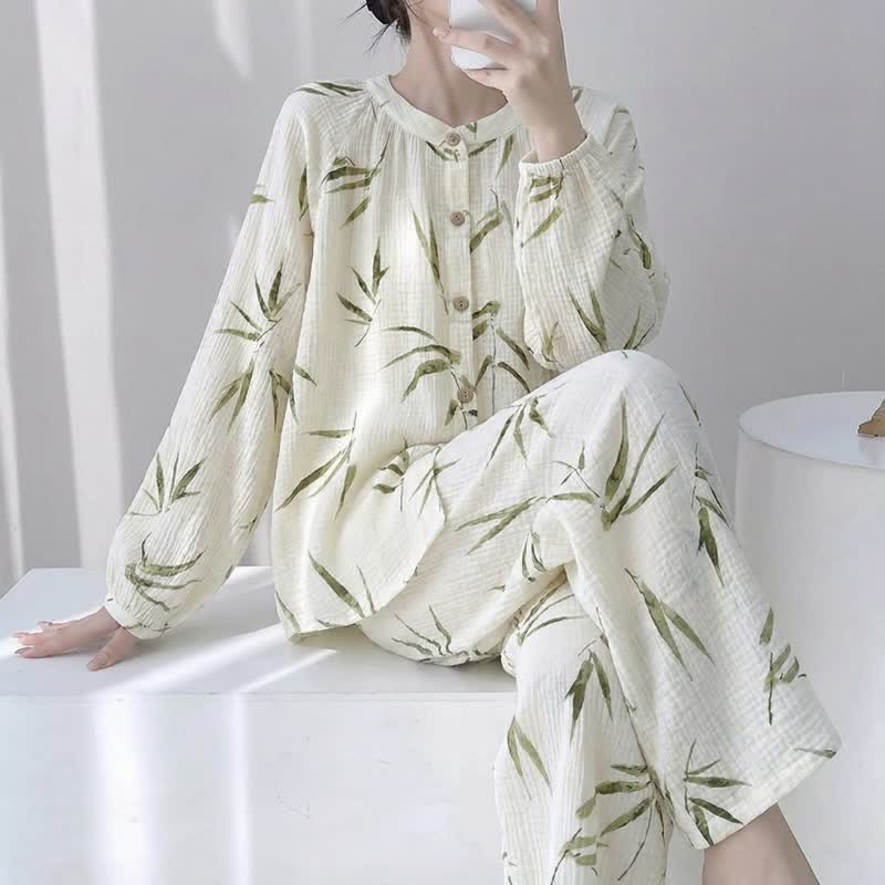 Pyjama-Set aus Baumwolle mit botanischem Bambusdruck - Beige - XL - image 0