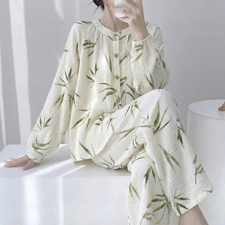 Pyjama-Set aus Baumwolle mit botanischem Bambusdruck - Beige - XL - image 0