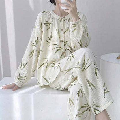 Pyjama-Set aus Baumwolle mit botanischem Bambusdruck - Beige - XL - image 0