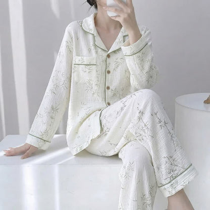 Pyjama aus doppellagigem Baumwollgewebe mit Bambusblattmuster - Beige - XL - image 0
