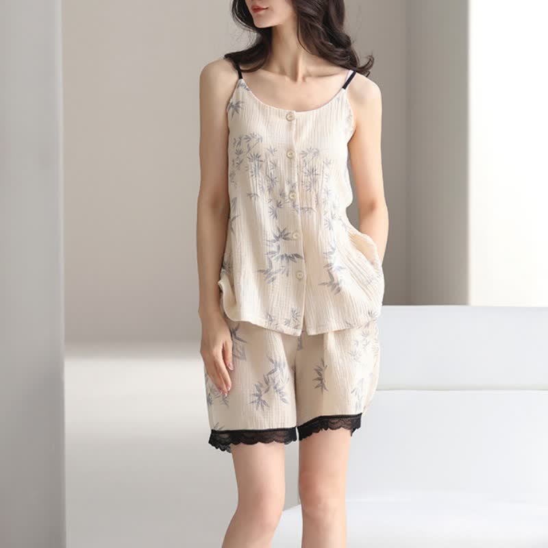 Elegantes ärmelloses Pyjama-Set mit Blattmotiv - image 3