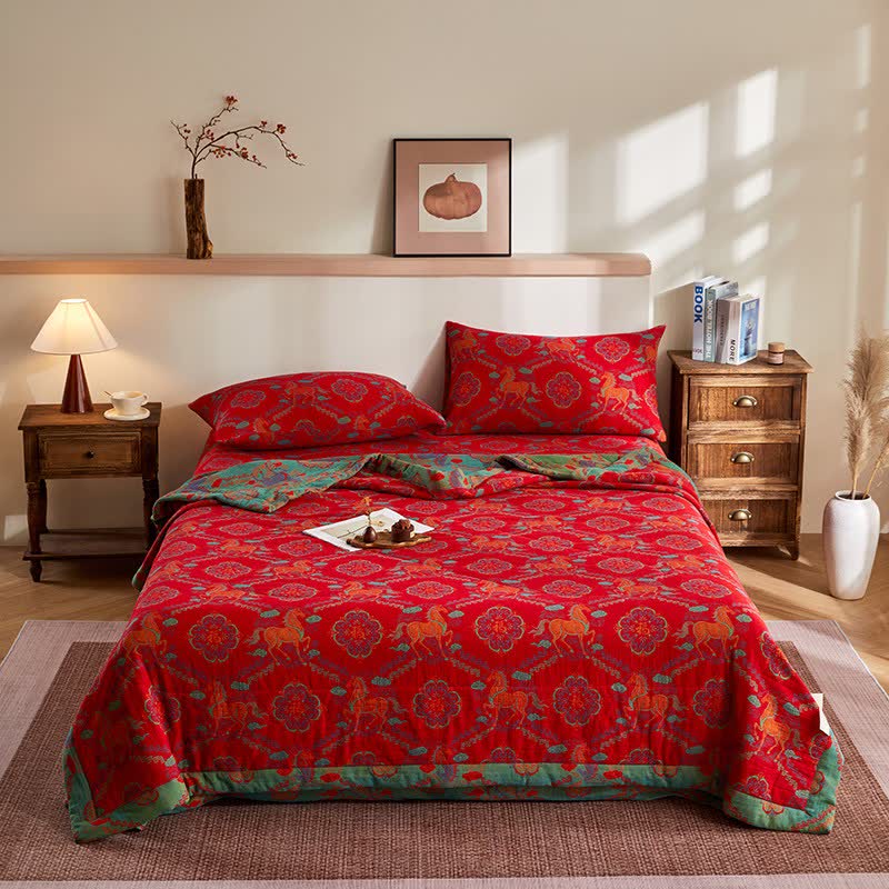 Vintage-Pferde-Jacquard-Steppdecke aus Baumwollgaze - image 1