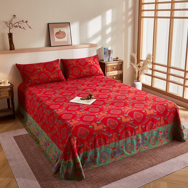 Vintage-Pferde-Jacquard-Steppdecke aus Baumwollgaze - Spannbettlaken mit 2 Kissenbezügen - 245cm x 250cm - image 8