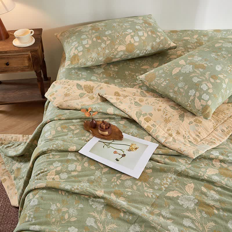 Baumwollgaze-Jacquard-Steppdecke mit Blumenmuster und Blättern - image 4