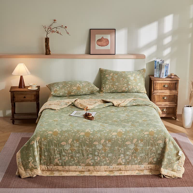 Baumwollgaze-Jacquard-Steppdecke mit Blumenmuster und Blättern - Bettwäsche-Set - 220cm x 240cm - image 0