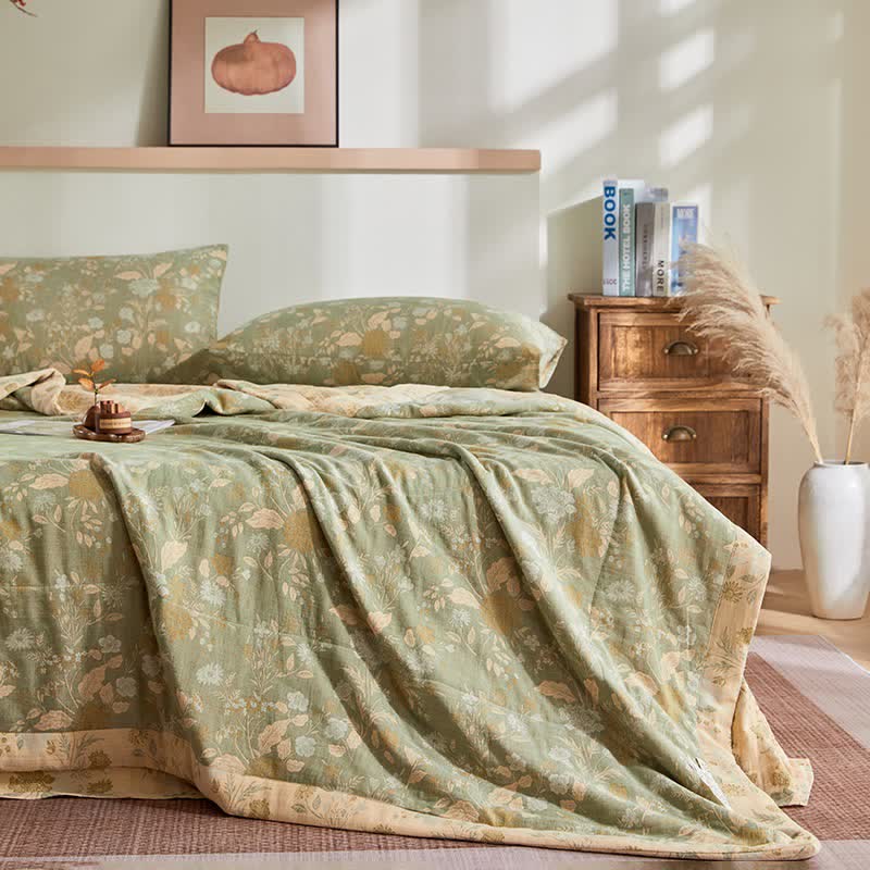 Baumwollgaze-Jacquard-Steppdecke mit Blumenmuster und Blättern - image 1