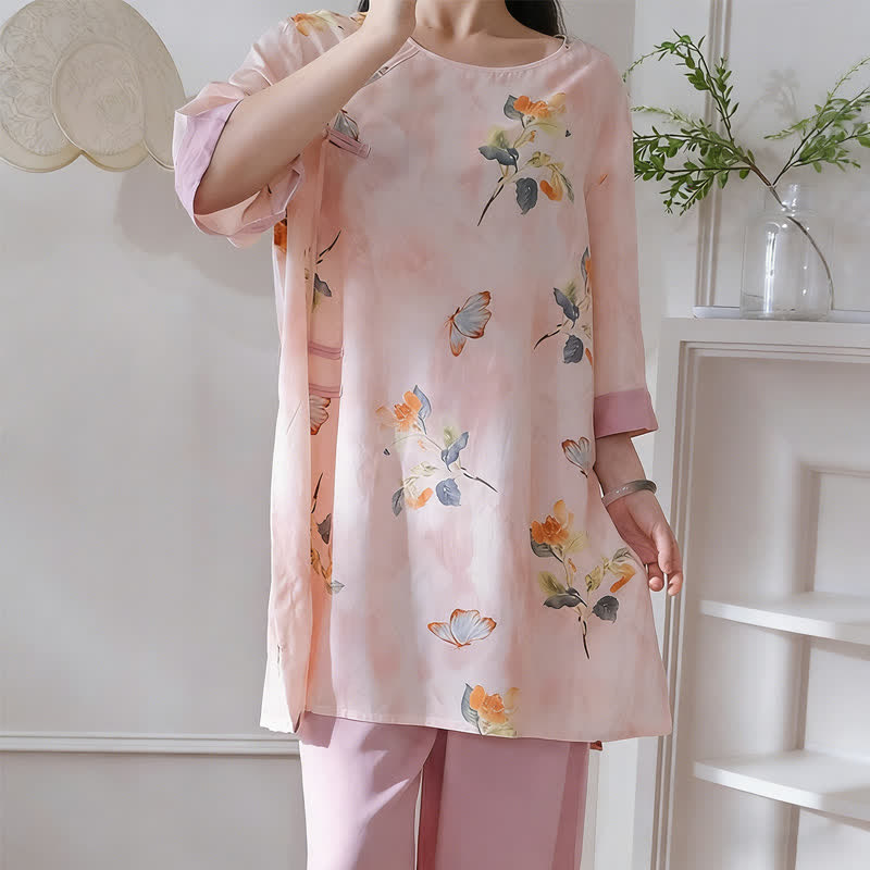 Loungewear-Set mit Schmetterlings- und Blumenmuster im orientalischen Stil - image 3