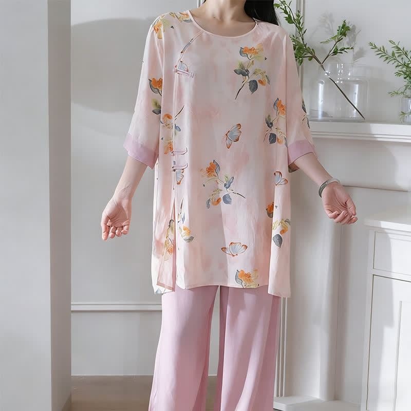 Loungewear-Set mit Schmetterlings- und Blumenmuster im orientalischen Stil - image 2